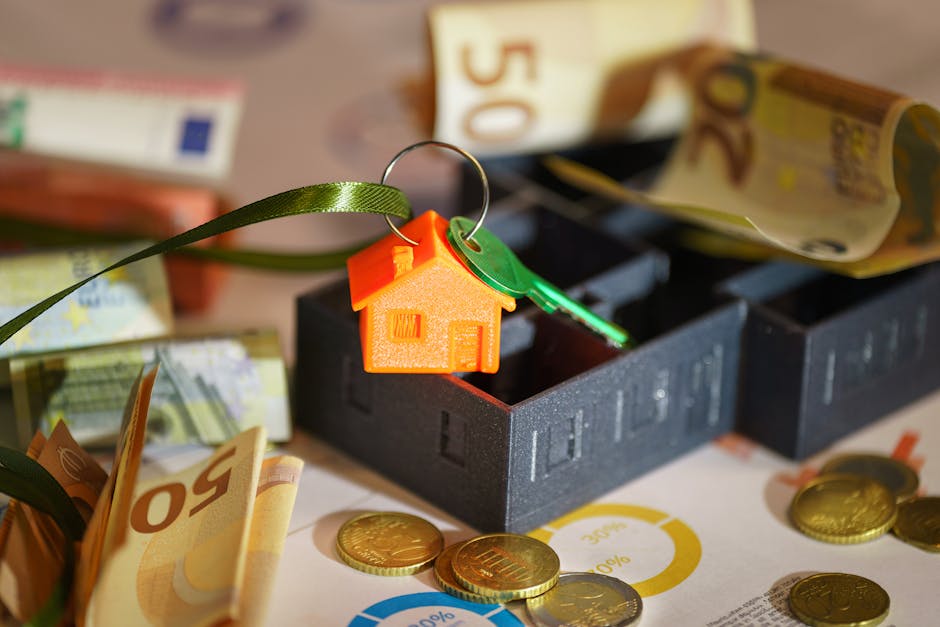 Close-up image of a black plastic house key attached to an orange and green house-shaped keyring, resting on a surface covered with Euro banknotes and gold coins, with additional banknotes partially v